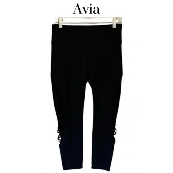 AVIA black athletic crop workout pants mid calf, braided cut out on legs. Medium - Picture 1 of 4